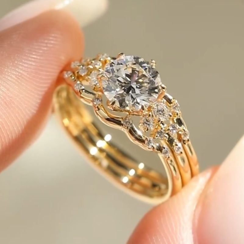 Round Cut Diamond White Yellow Gold Sterling Silver 3-Piece Bridal Ring Set