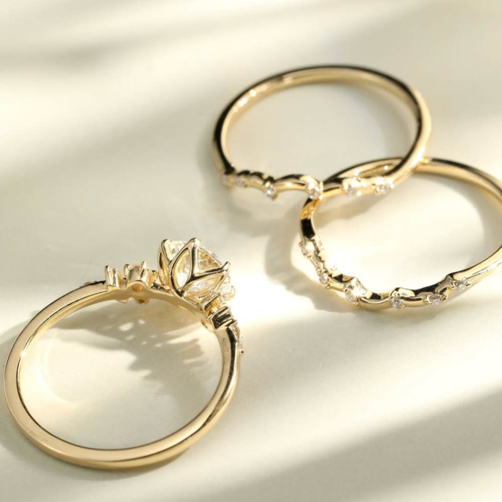 Round Cut Diamond White Yellow Gold Sterling Silver 3-Piece Bridal Ring Set