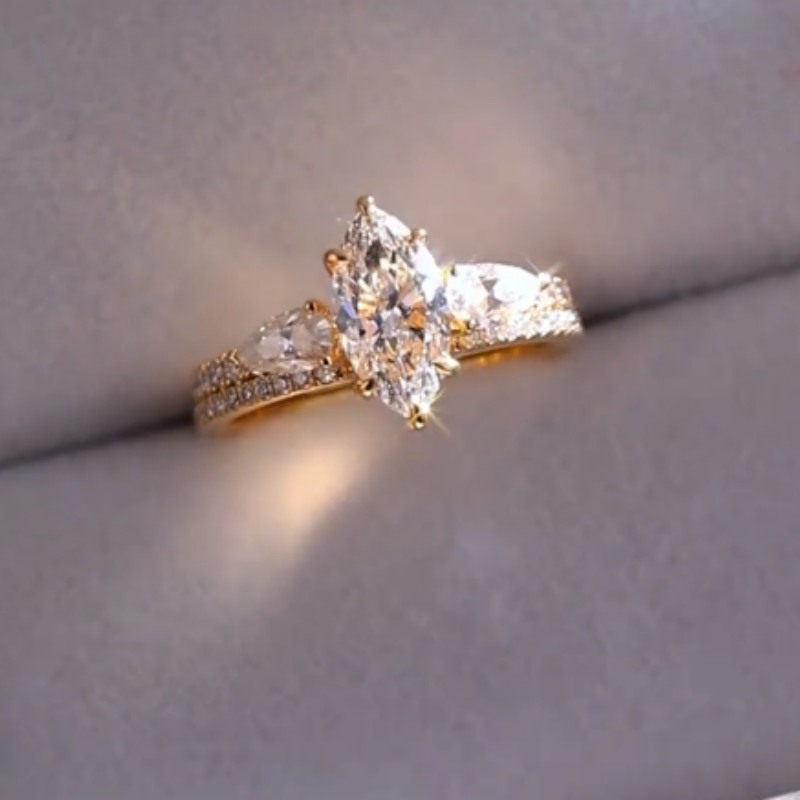 Marquise Cut Diamond White Yellow Gold Sterling Silver Bridal Ring Set