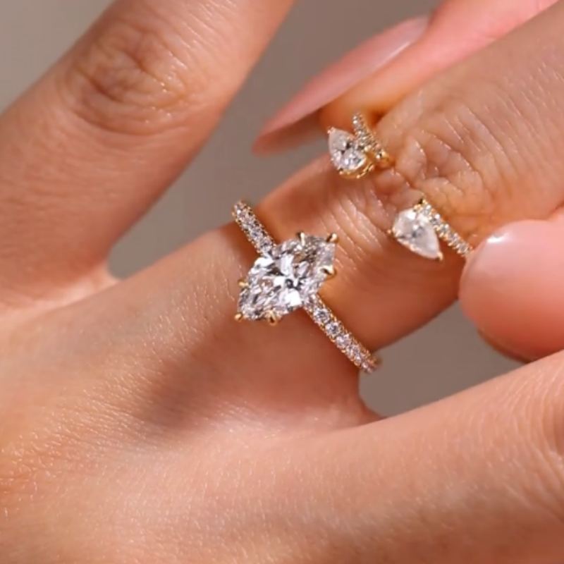 Marquise Cut Diamond White Yellow Gold Sterling Silver Bridal Ring Set