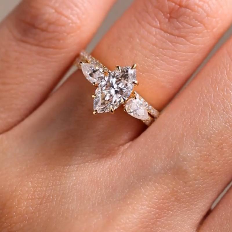 Marquise Cut Diamond White Yellow Gold Sterling Silver Bridal Ring Set