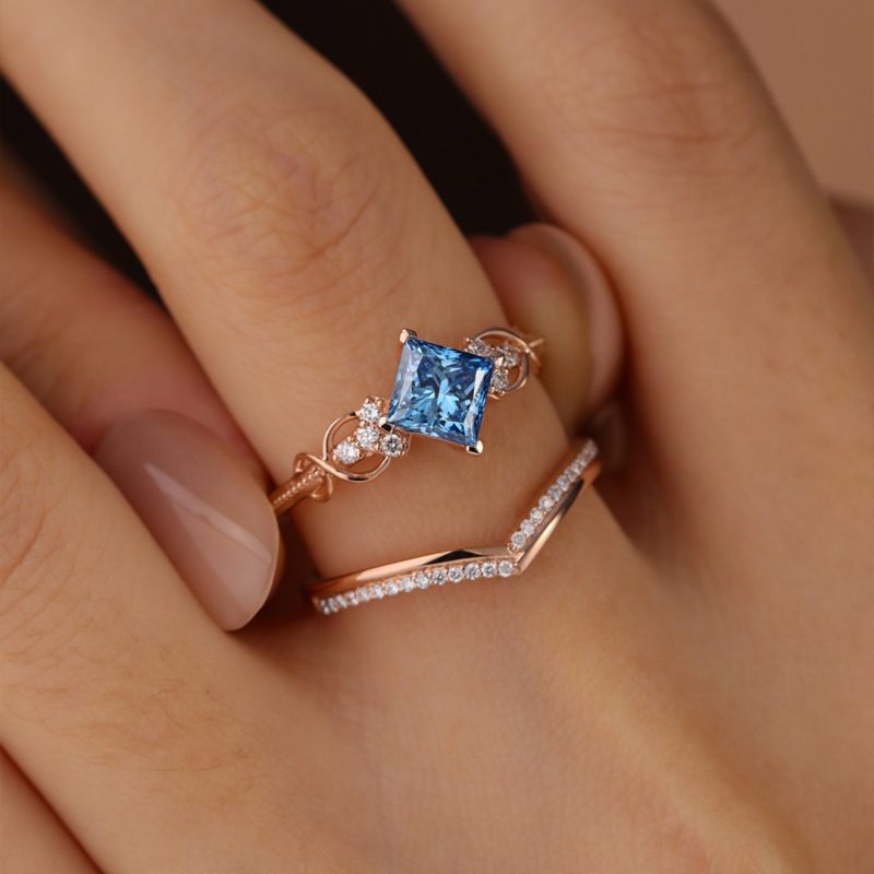 Princess Cut Rose Gold Aquamarine Blue Sterling Silver Bridal Ring Set