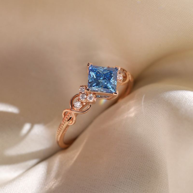 Princess Cut Rose Gold Aquamarine Blue Sterling Silver Bridal Ring Set