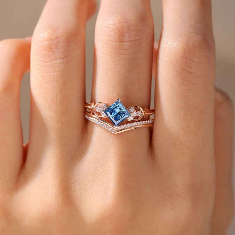 Princess Cut Rose Gold Aquamarine Blue Sterling Silver Bridal Ring Set