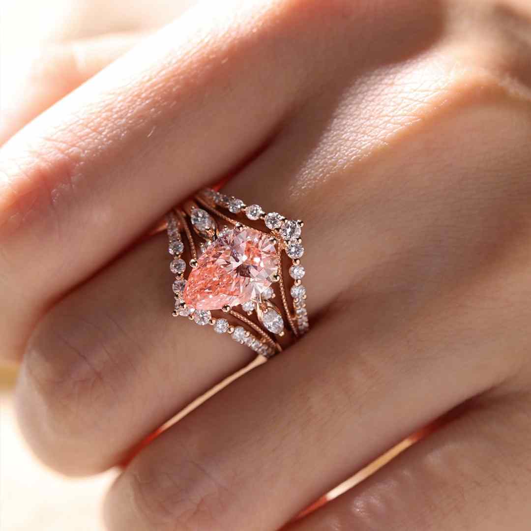 Pear Cut Rose Gold Fancy Pink Sterling Silver Enhancer Bridal Ring Sets