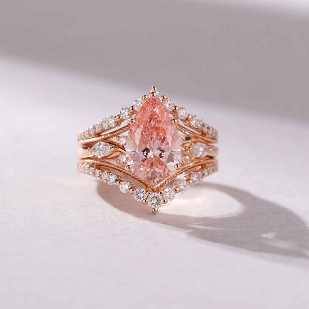 Pear Cut Rose Gold Fancy Pink Sterling Silver Enhancer Bridal Ring Sets