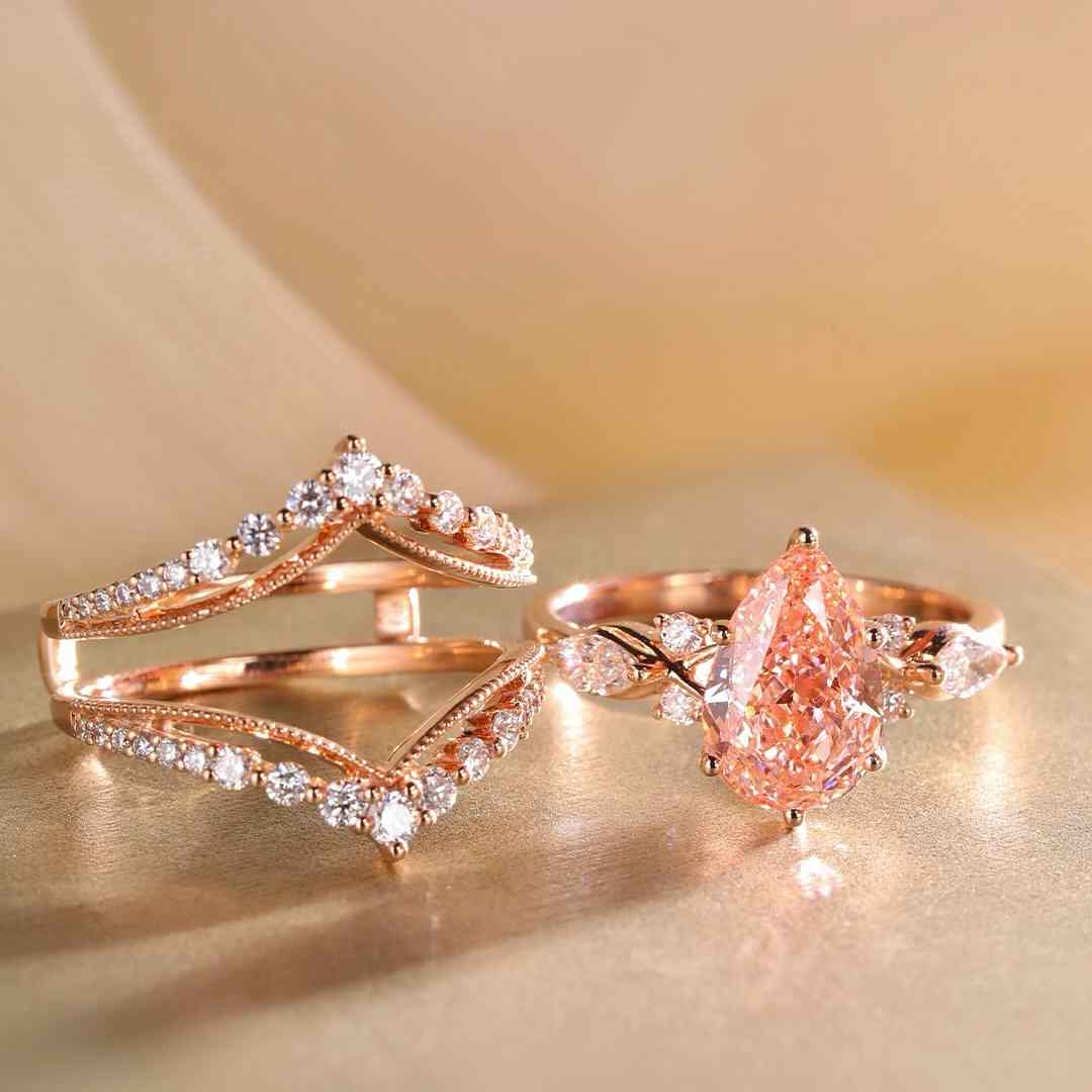 Pear Cut Rose Gold Fancy Pink Sterling Silver Enhancer Bridal Ring Sets