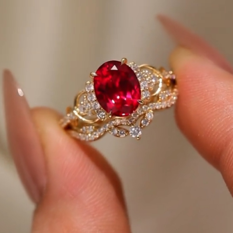 Oval Cut Ruby Red Yellow Gold Sterling Silver Bridal Ring Sets