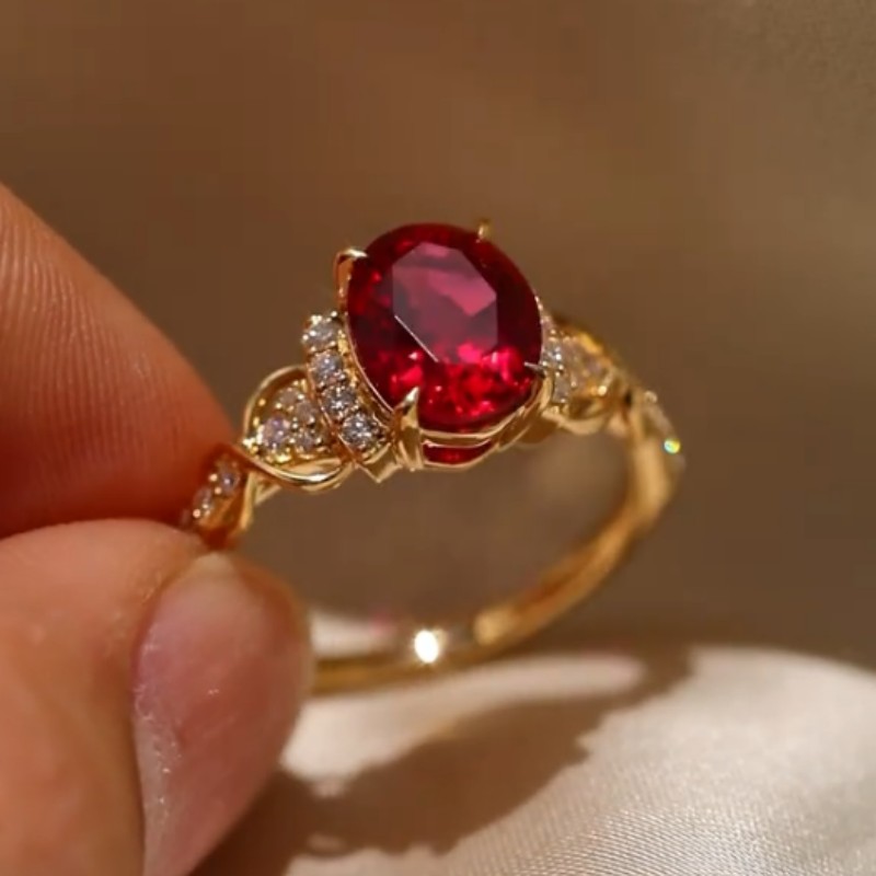 Oval Cut Ruby Red Yellow Gold Sterling Silver Bridal Ring Sets