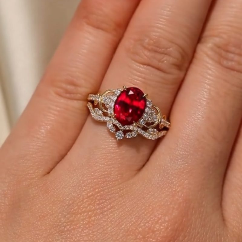Oval Cut Ruby Red Yellow Gold Sterling Silver Bridal Ring Sets