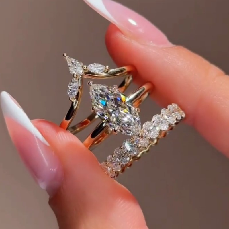 Marquise Cut Diamond White 3-Piece 925 Sterling Silver Bridal Ring Set