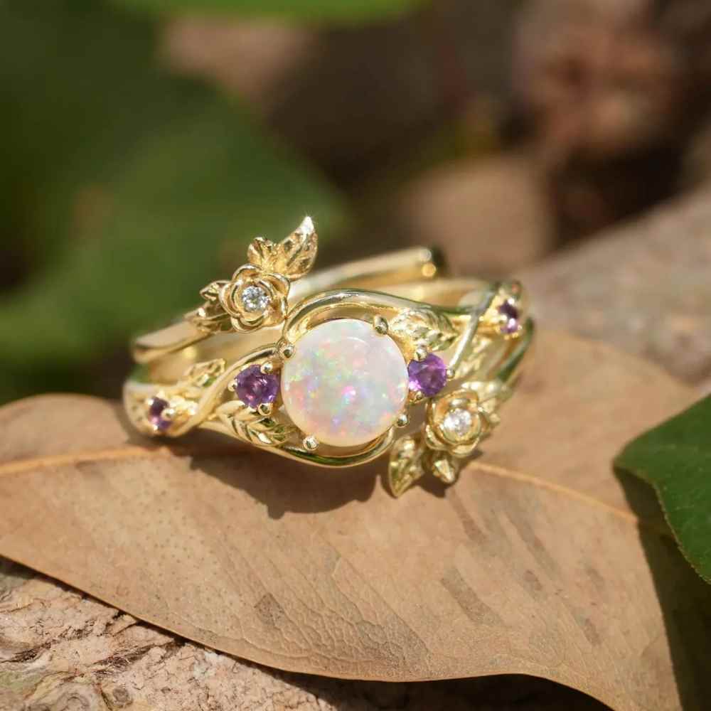 Art Deco Round Cut Yellow Gold 925 Sterling Silver Opal With Amethyst Purple Leaf Bridal Ring Set