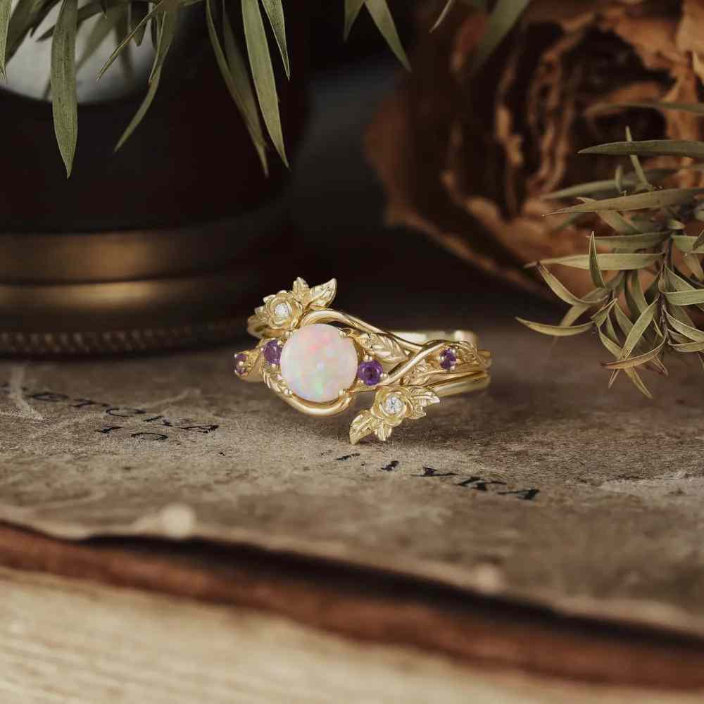 Art Deco Round Cut Yellow Gold 925 Sterling Silver Opal With Amethyst Purple Leaf Bridal Ring Set