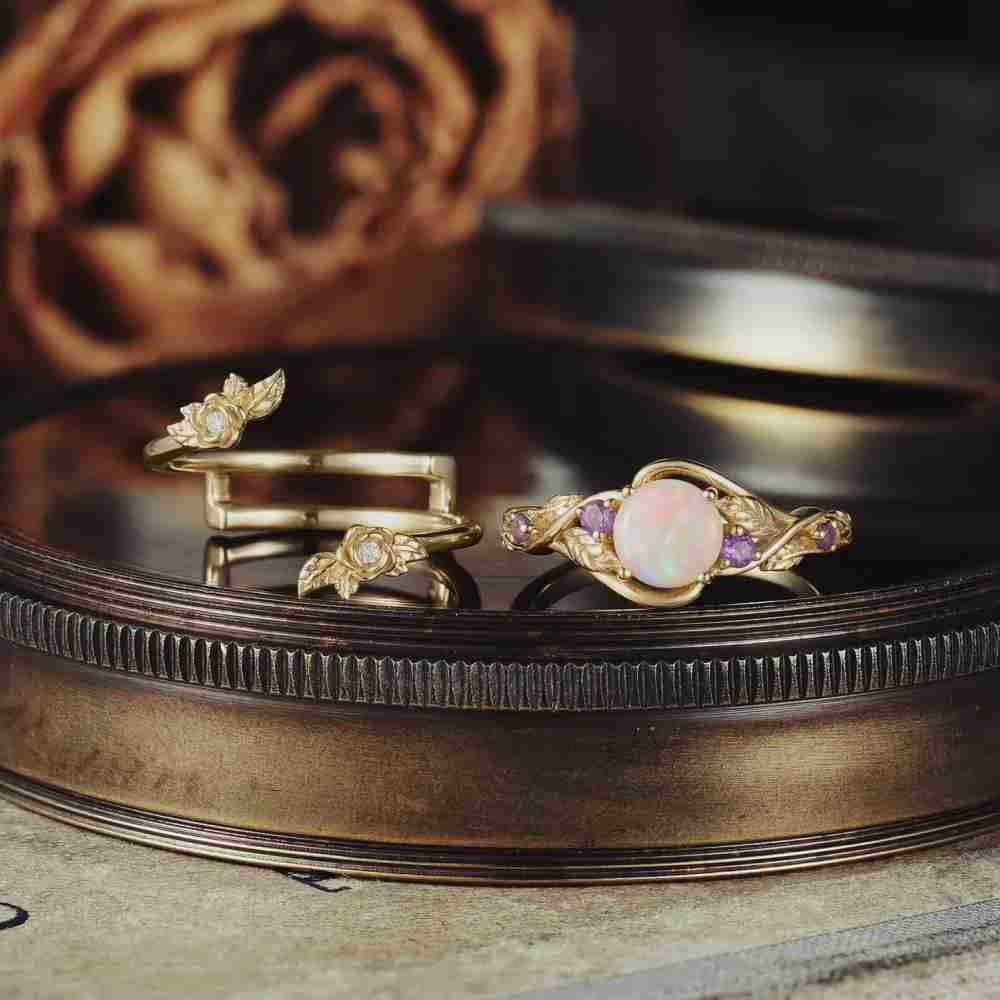 Art Deco Round Cut Yellow Gold 925 Sterling Silver Opal With Amethyst Purple Leaf Bridal Ring Set