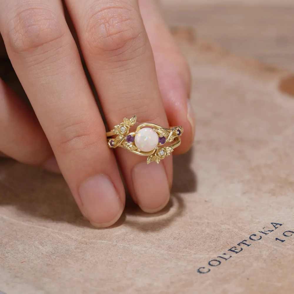 Art Deco Round Cut Yellow Gold 925 Sterling Silver Opal With Amethyst Purple Leaf Bridal Ring Set
