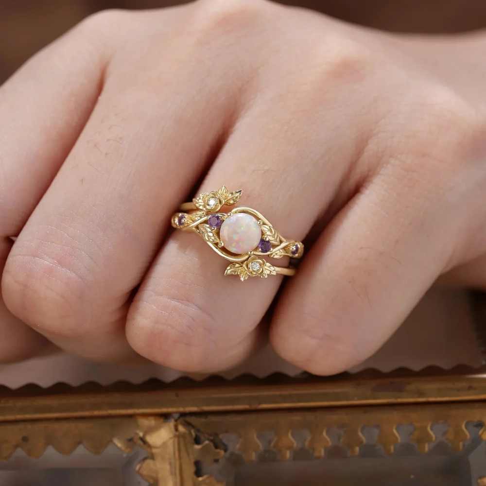 Art Deco Round Cut Yellow Gold 925 Sterling Silver Opal With Amethyst Purple Leaf Bridal Ring Set