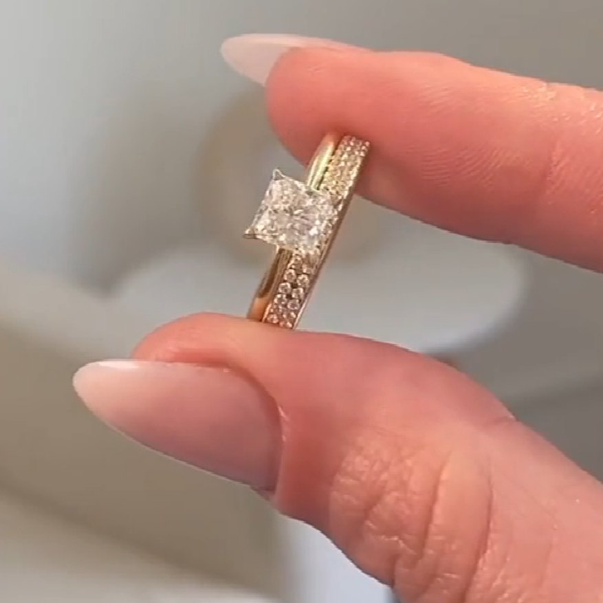 Princess Cut Yellow Gold Diamond White 925 Sterling Silver Bridal Ring Sets