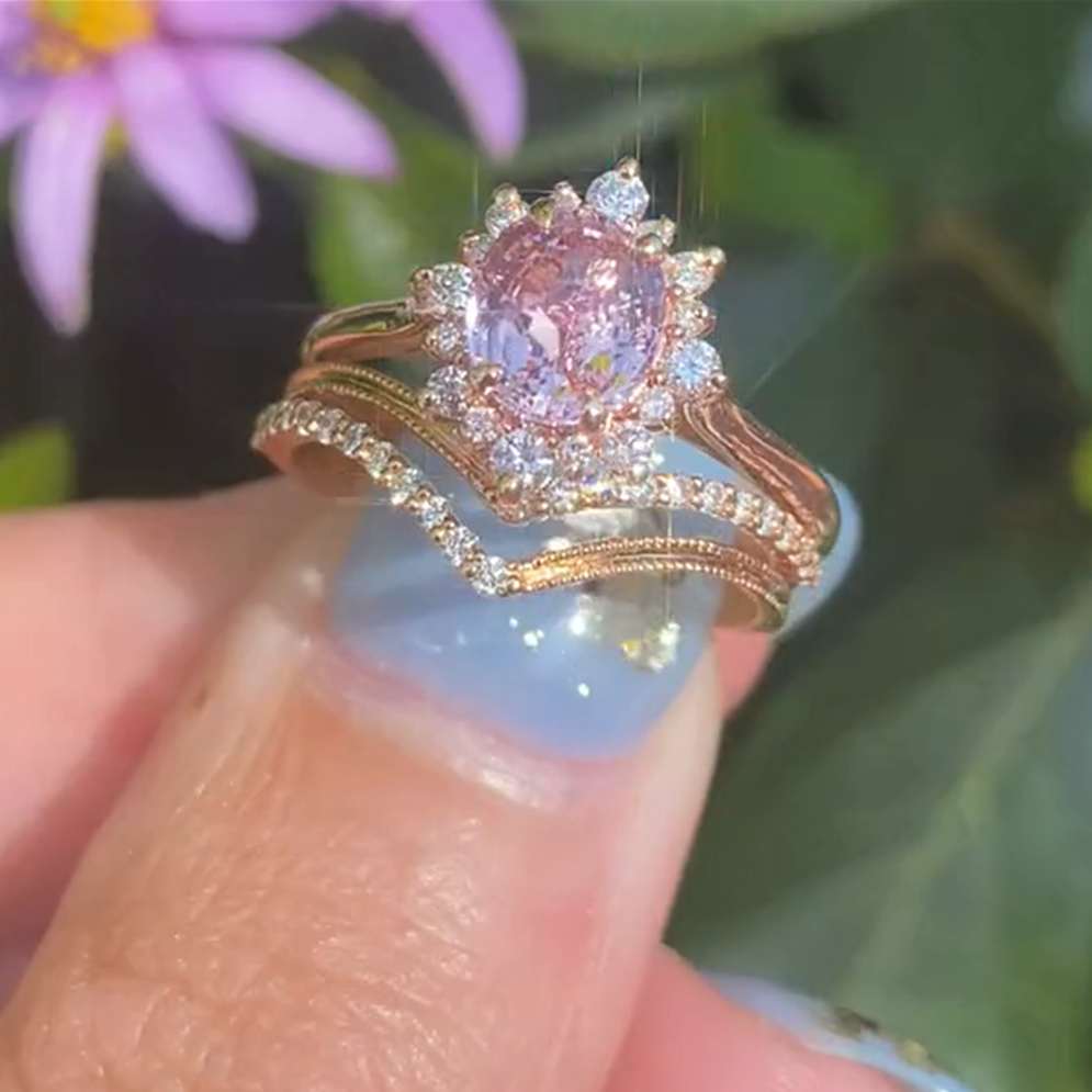Round Cut Rose Gold Fancy Pink 925 Sterling Silver Bridal Ring Set