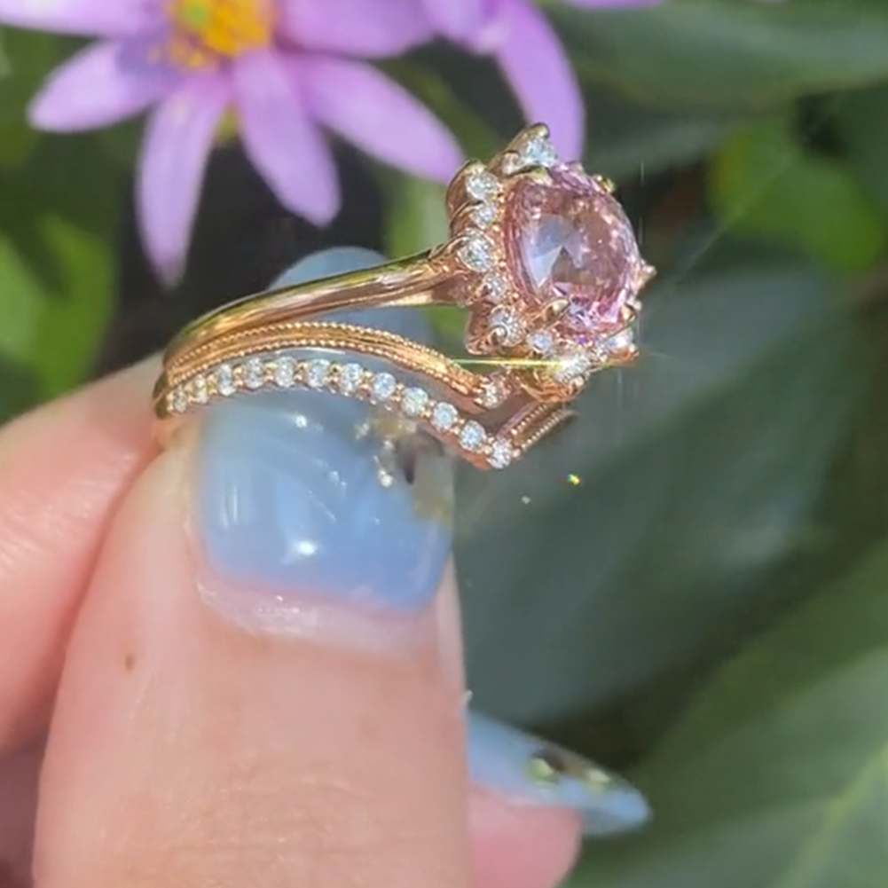 Round Cut Rose Gold Fancy Pink 925 Sterling Silver Bridal Ring Set