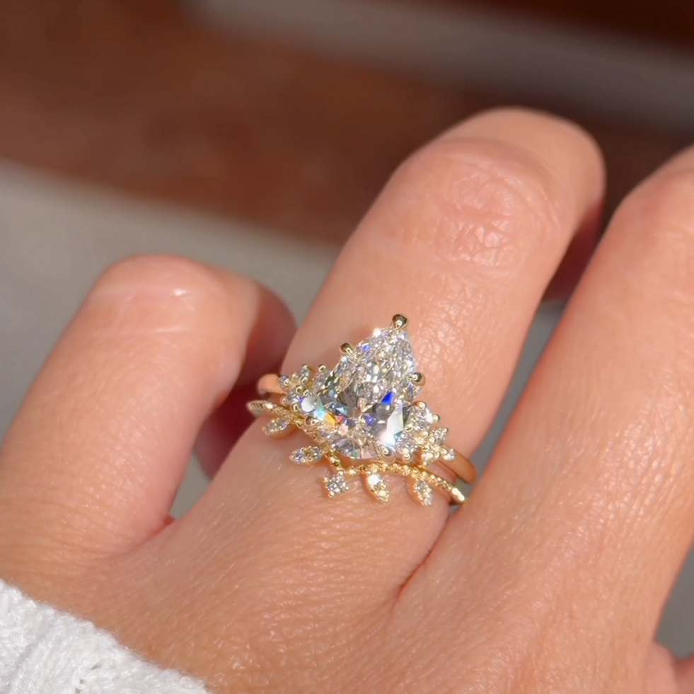 Pear Cut Diamond White Yellow Gold Sterling Silver 3-Piece Bridal Ring Sets