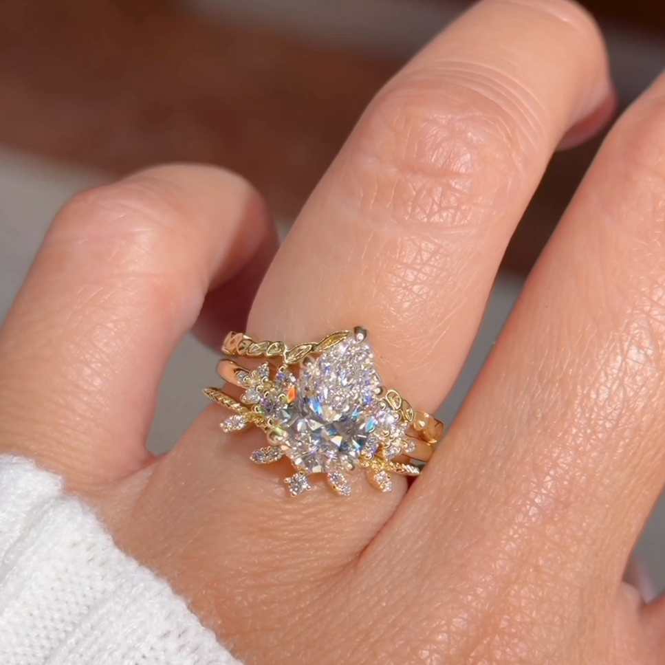 Pear Cut Diamond White Yellow Gold Sterling Silver 3-Piece Bridal Ring Sets