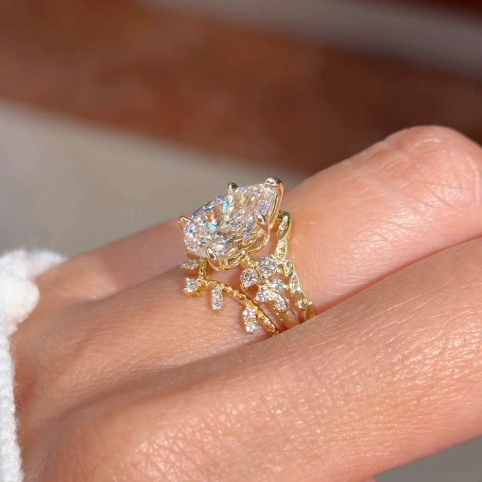 Pear Cut Diamond White Yellow Gold Sterling Silver 3-Piece Bridal Ring Sets