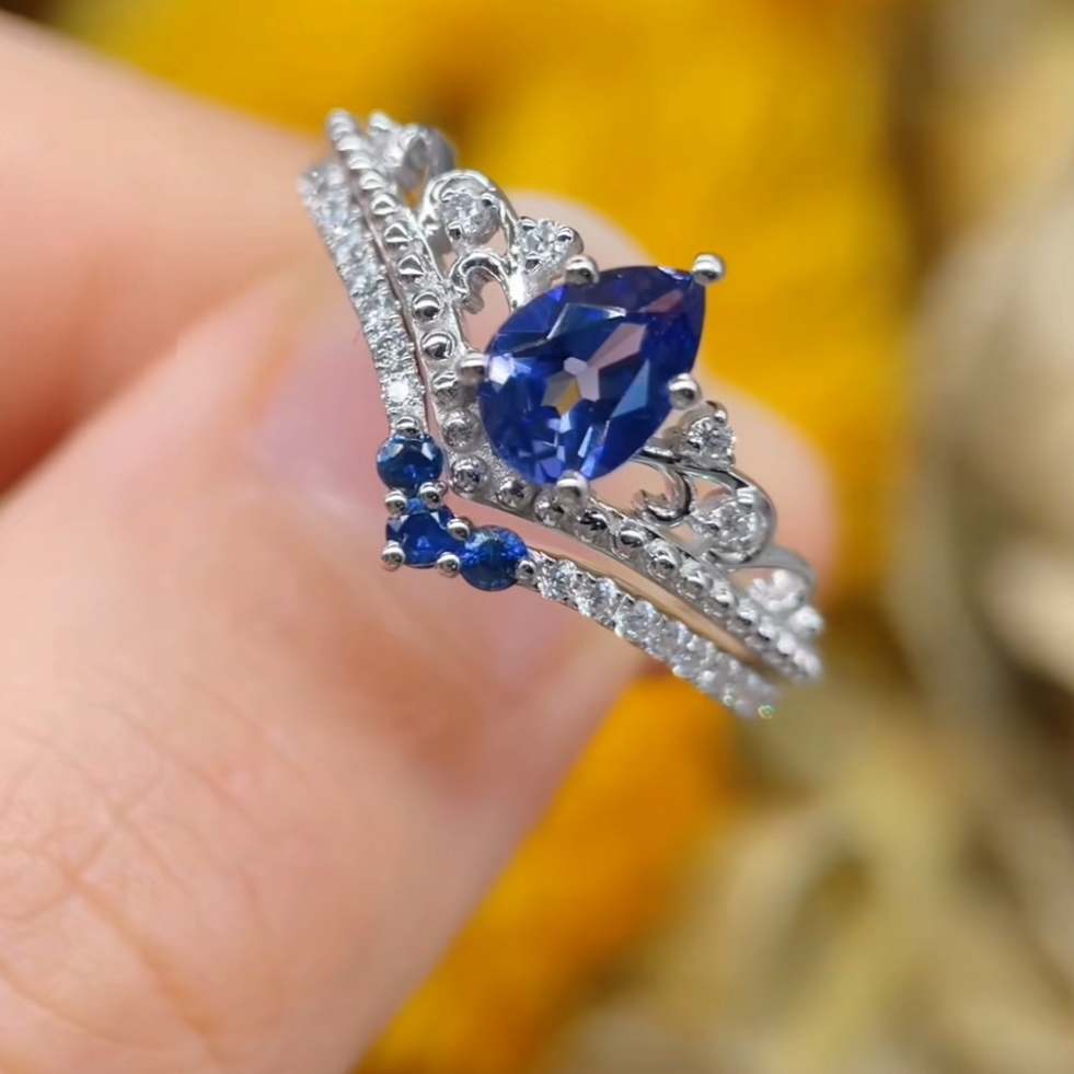 Vintage Pear Cut Sapphire Blue Sterling Silver Bridal Ring Sets