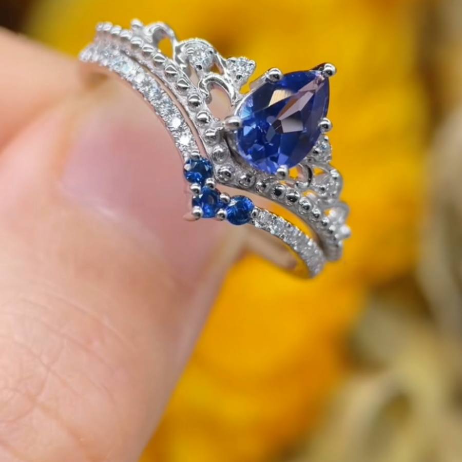 Vintage Pear Cut Sapphire Blue Sterling Silver Bridal Ring Sets