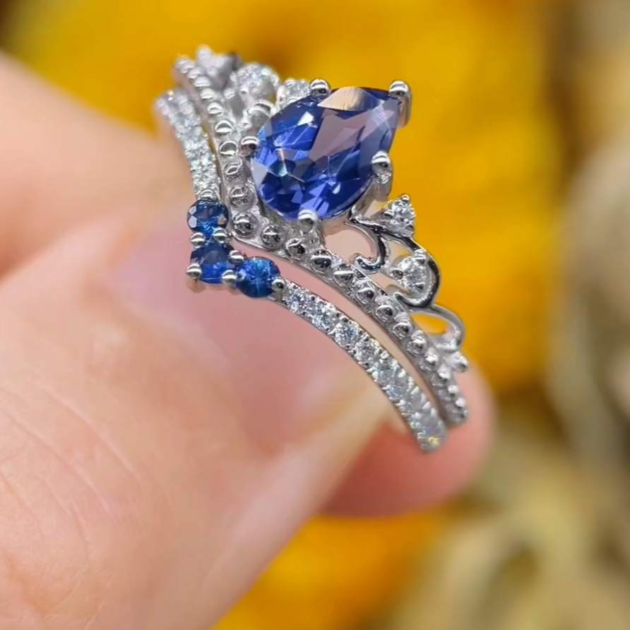 Vintage Pear Cut Sapphire Blue Sterling Silver Bridal Ring Sets