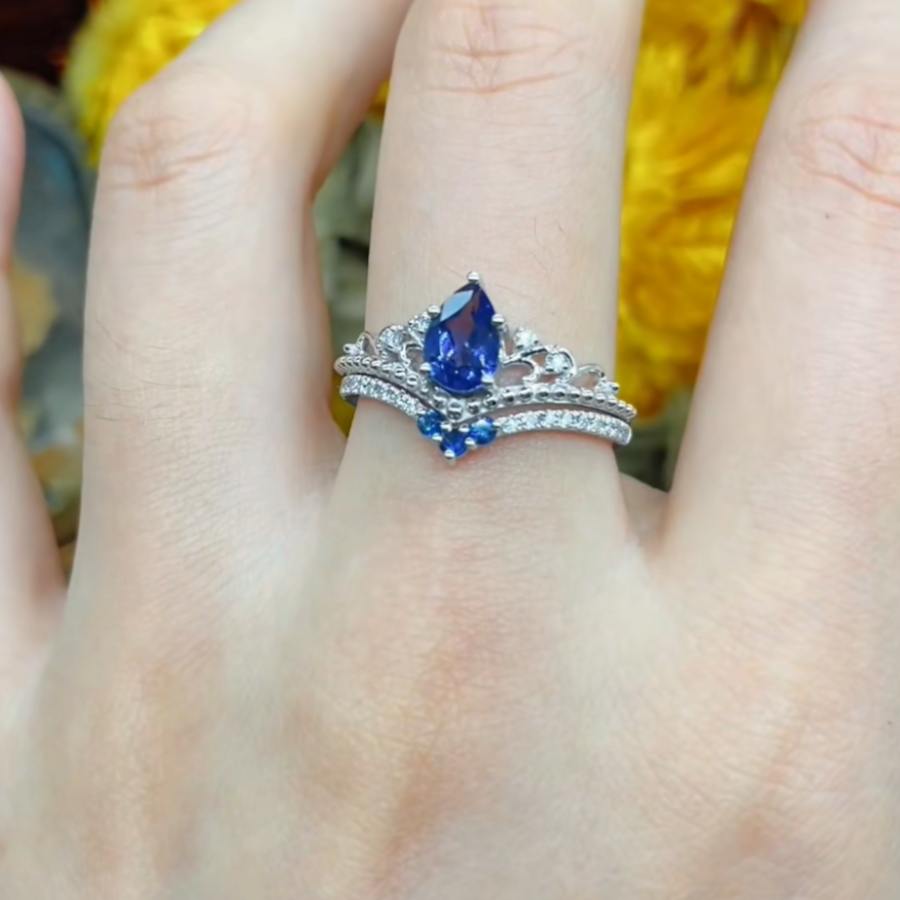 Vintage Pear Cut Sapphire Blue Sterling Silver Bridal Ring Sets