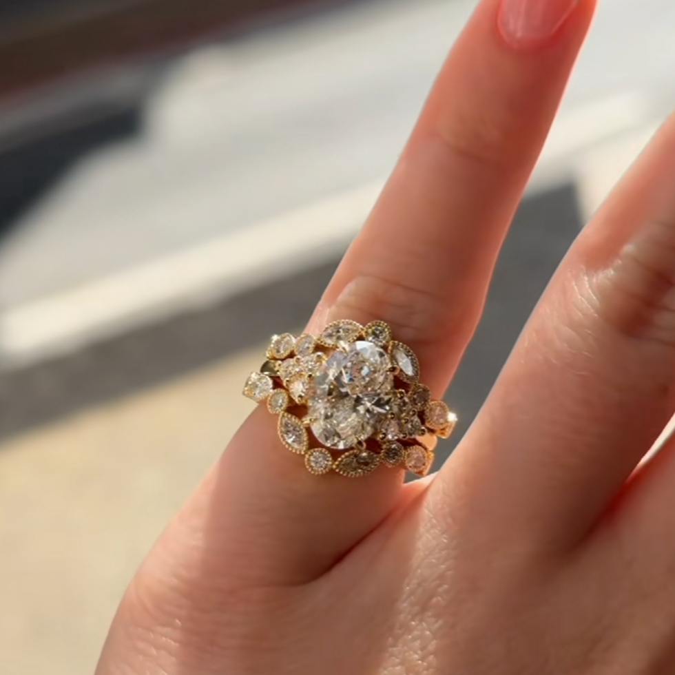 ovaal geslepen diamanten, witgoud, geelgoud, 925 sterling zilver, 3-delige bruidsringenset