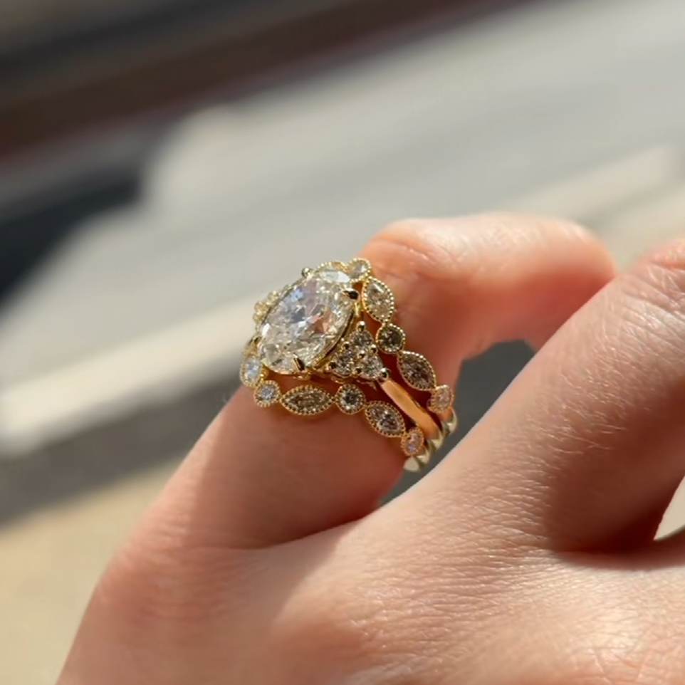 ovaal geslepen diamanten, witgoud, geelgoud, 925 sterling zilver, 3-delige bruidsringenset