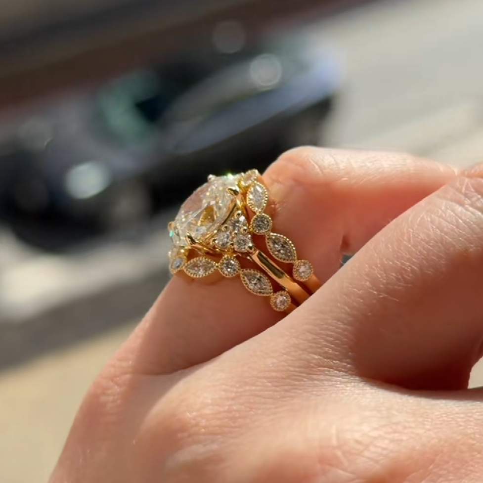 ovaal geslepen diamanten, witgoud, geelgoud, 925 sterling zilver, 3-delige bruidsringenset