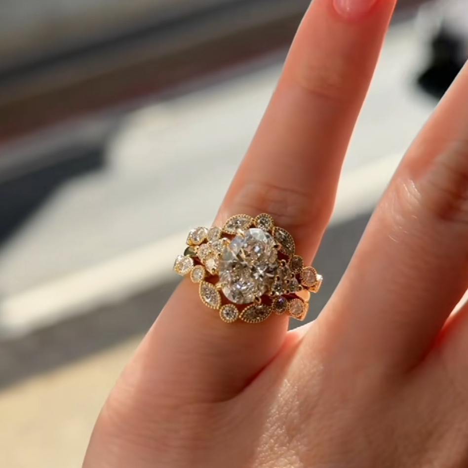 ovaal geslepen diamanten, witgoud, geelgoud, 925 sterling zilver, 3-delige bruidsringenset