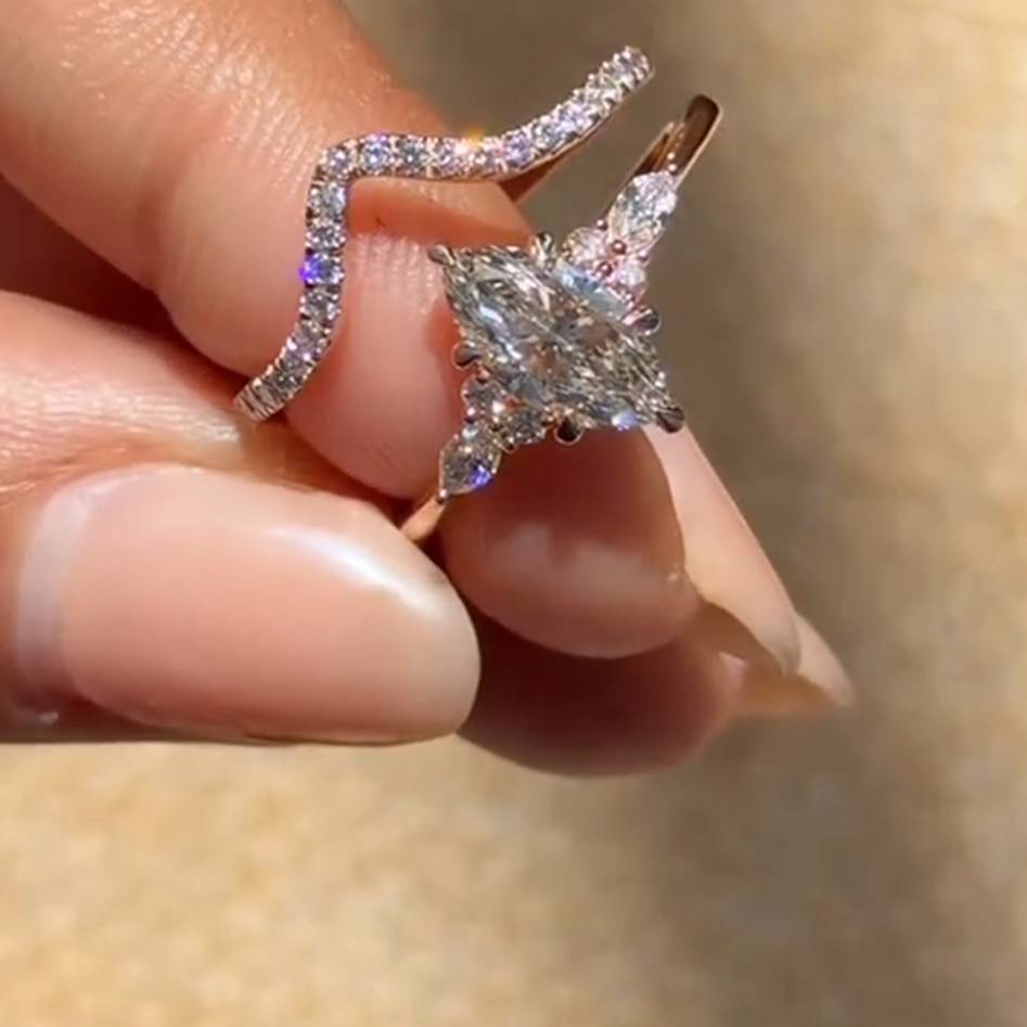 Marquise Cut Rose Gold Diamond White Sterling Silver Bridal Ring Sets