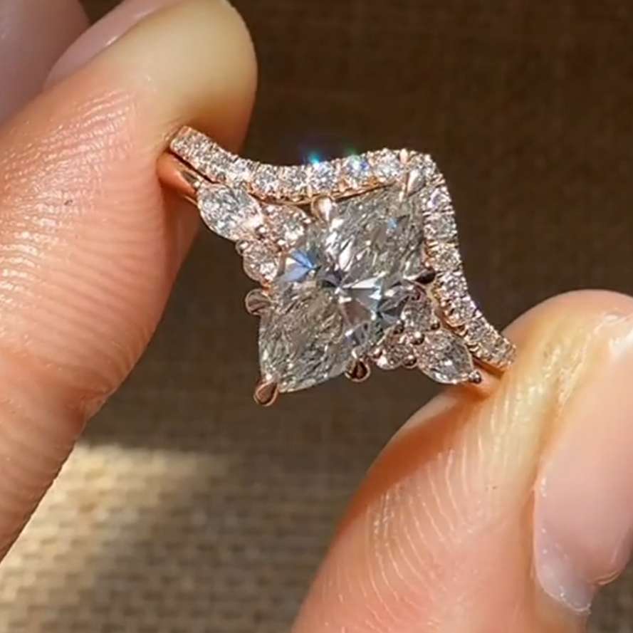 Marquise Cut Rose Gold Diamond White Sterling Silver Bridal Ring Sets
