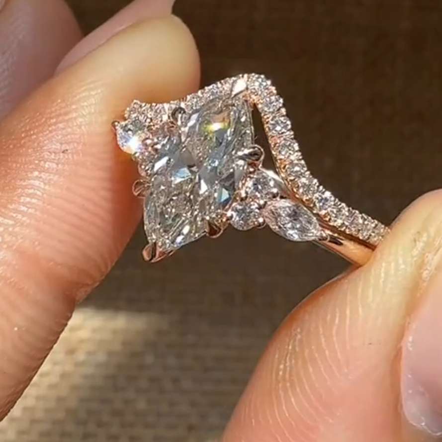 Marquise Cut Rose Gold Diamond White Sterling Silver Bridal Ring Sets