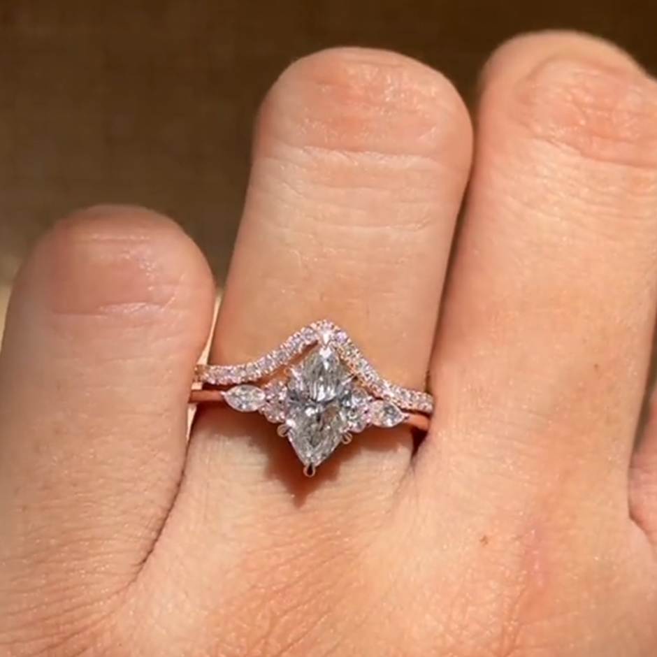 Marquise Cut Rose Gold Diamond White Sterling Silver Bridal Ring Sets