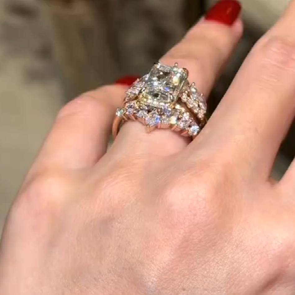 Radiant Cut Diamond White Yellow Gold Sterling Silver 3-Piece Insert Bridal Ring Sets