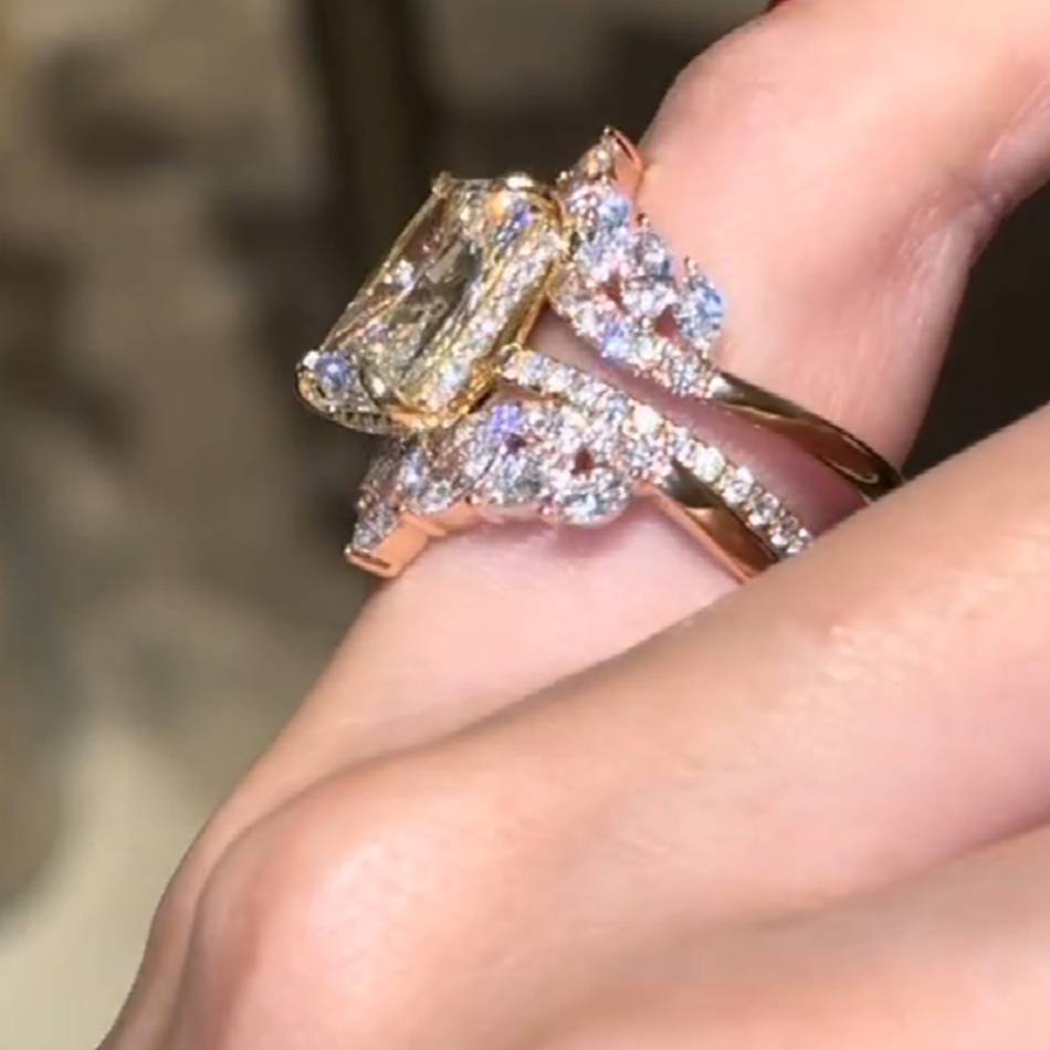 Radiant Cut Diamond White Yellow Gold Sterling Silver 3-Piece Insert Bridal Ring Sets