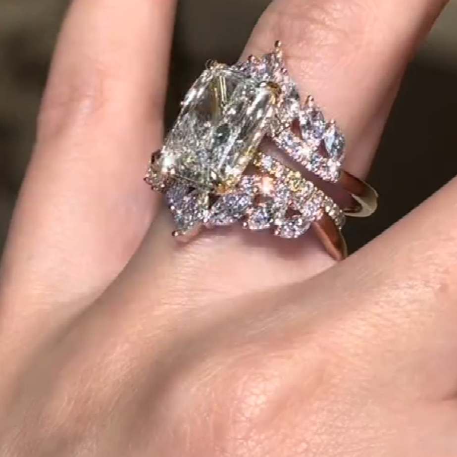 Radiant Cut Diamond White Yellow Gold Sterling Silver 3-Piece Insert Bridal Ring Sets