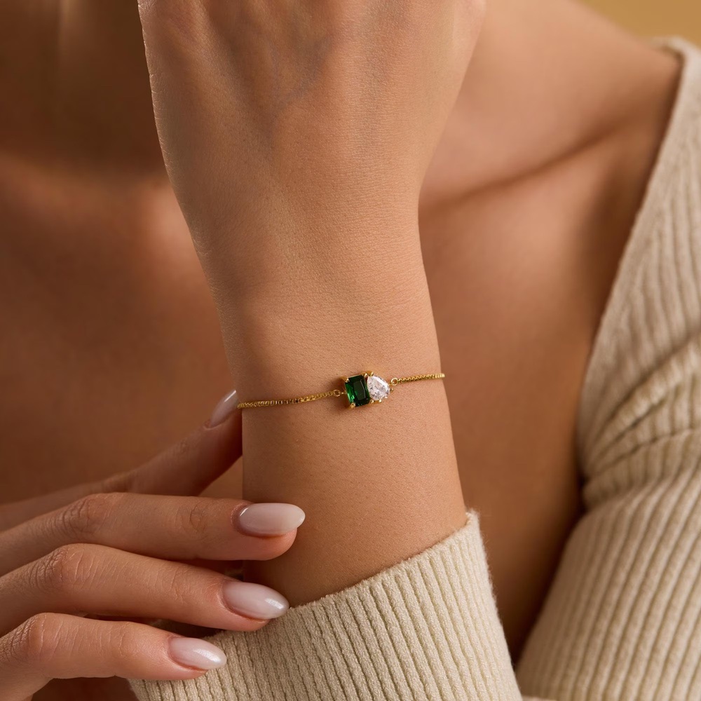 Minimalist 925 Sterling Silver Two Birthstone Bracelet Gift for Her