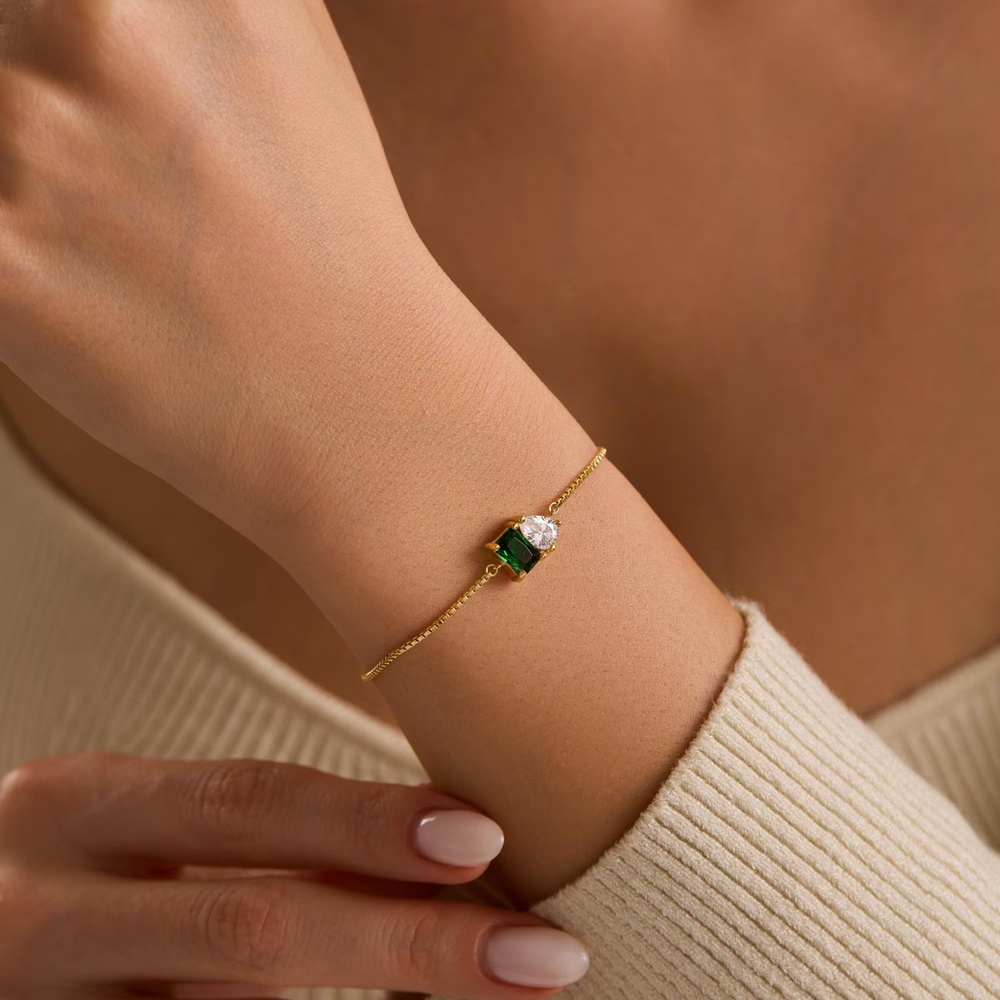 Minimalist 925 Sterling Silver Two Birthstone Bracelet Gift for Her