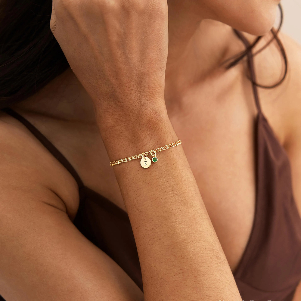 Personalized Birthstone 925 Sterling Silver Bracelet with Initial Pendant for Women