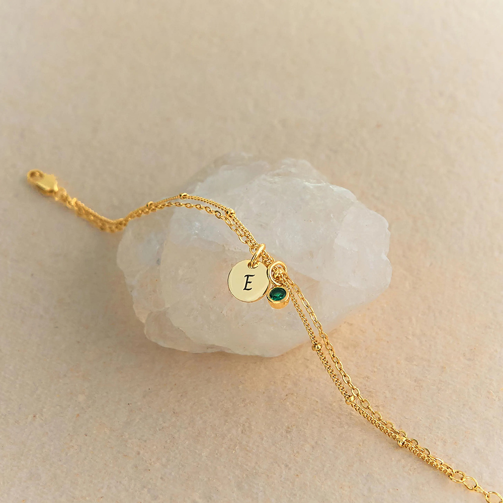 Personalized Birthstone 925 Sterling Silver Bracelet with Initial Pendant for Women