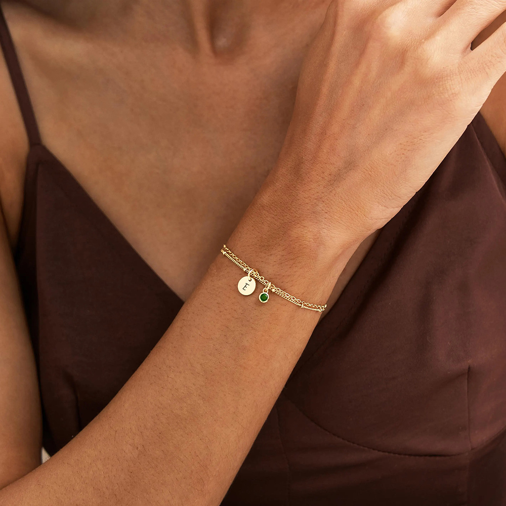 Personalized Birthstone 925 Sterling Silver Bracelet with Initial Pendant for Women
