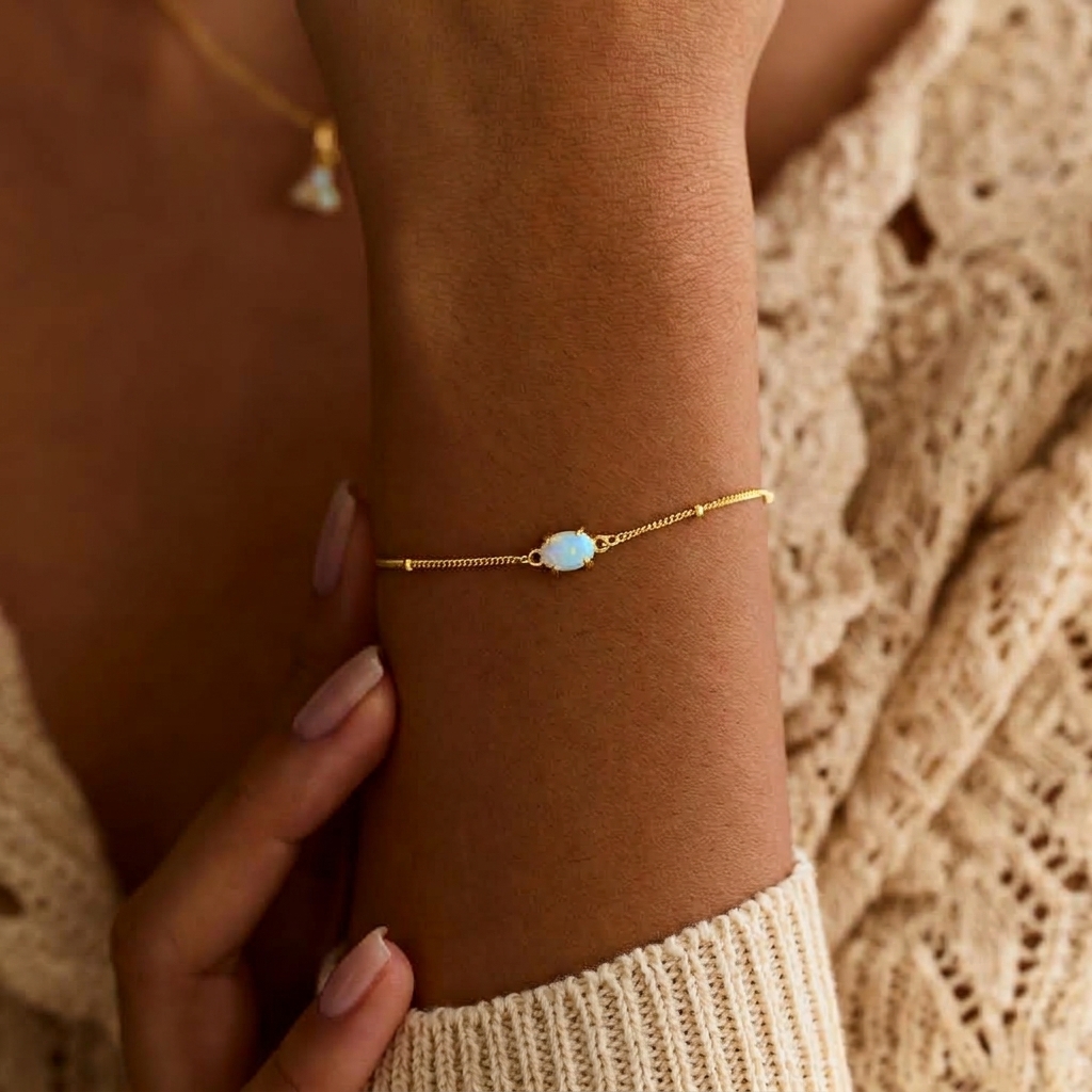 Dainty Oval Cut Opal 925 Sterling Silver Minimalist Beaded Chain Bracelet