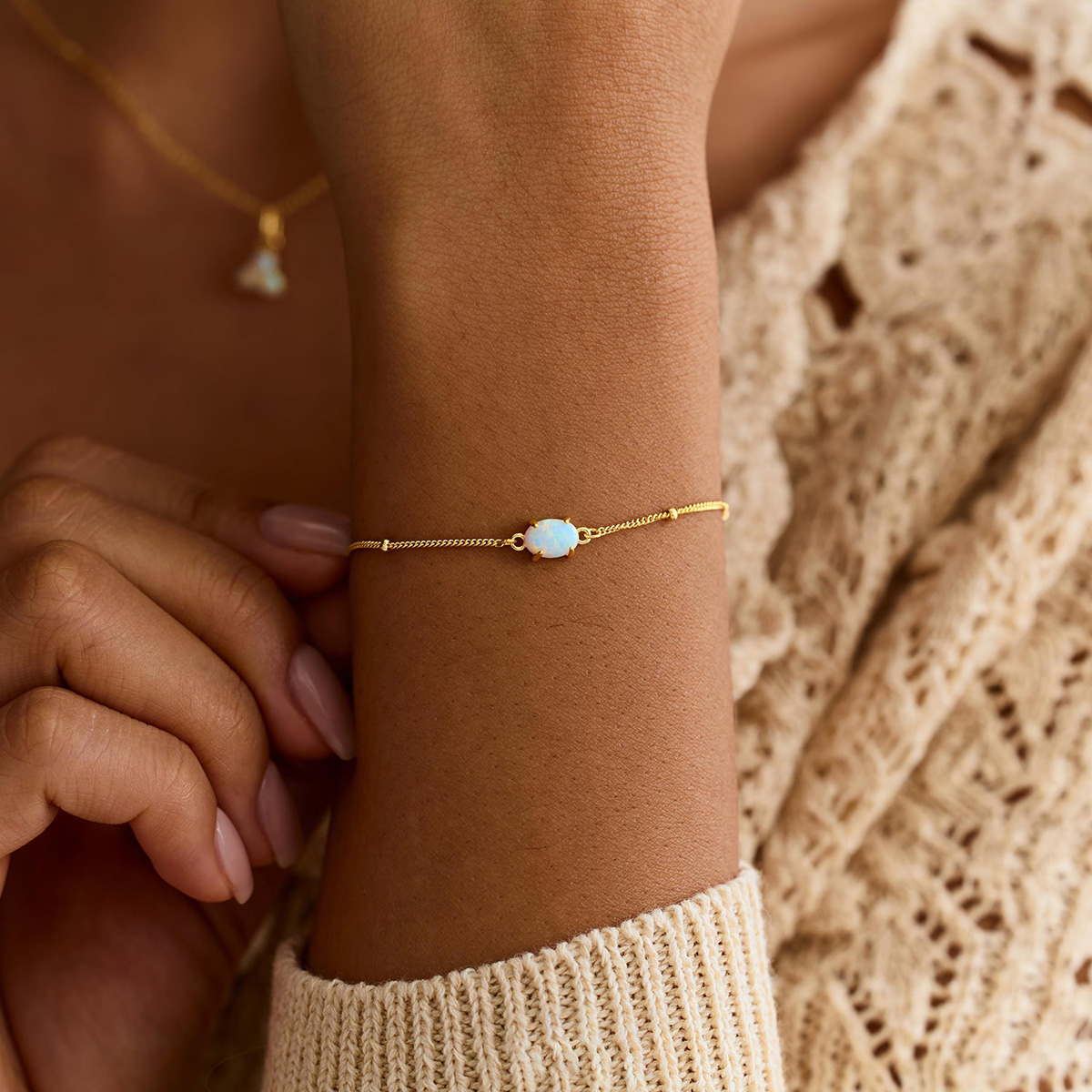 Dainty Oval Cut Opal 925 Sterling Silver Minimalist Beaded Chain Bracelet