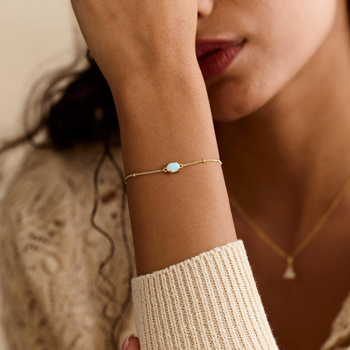 Dainty Oval Cut Opal 925 Sterling Silver Minimalist Beaded Chain Bracelet