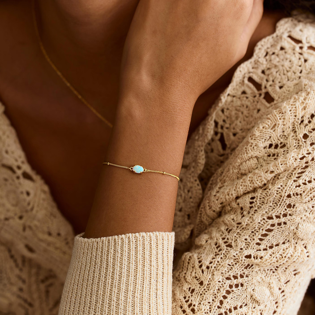 Dainty Oval Cut Opal 925 Sterling Silver Minimalist Beaded Chain Bracelet